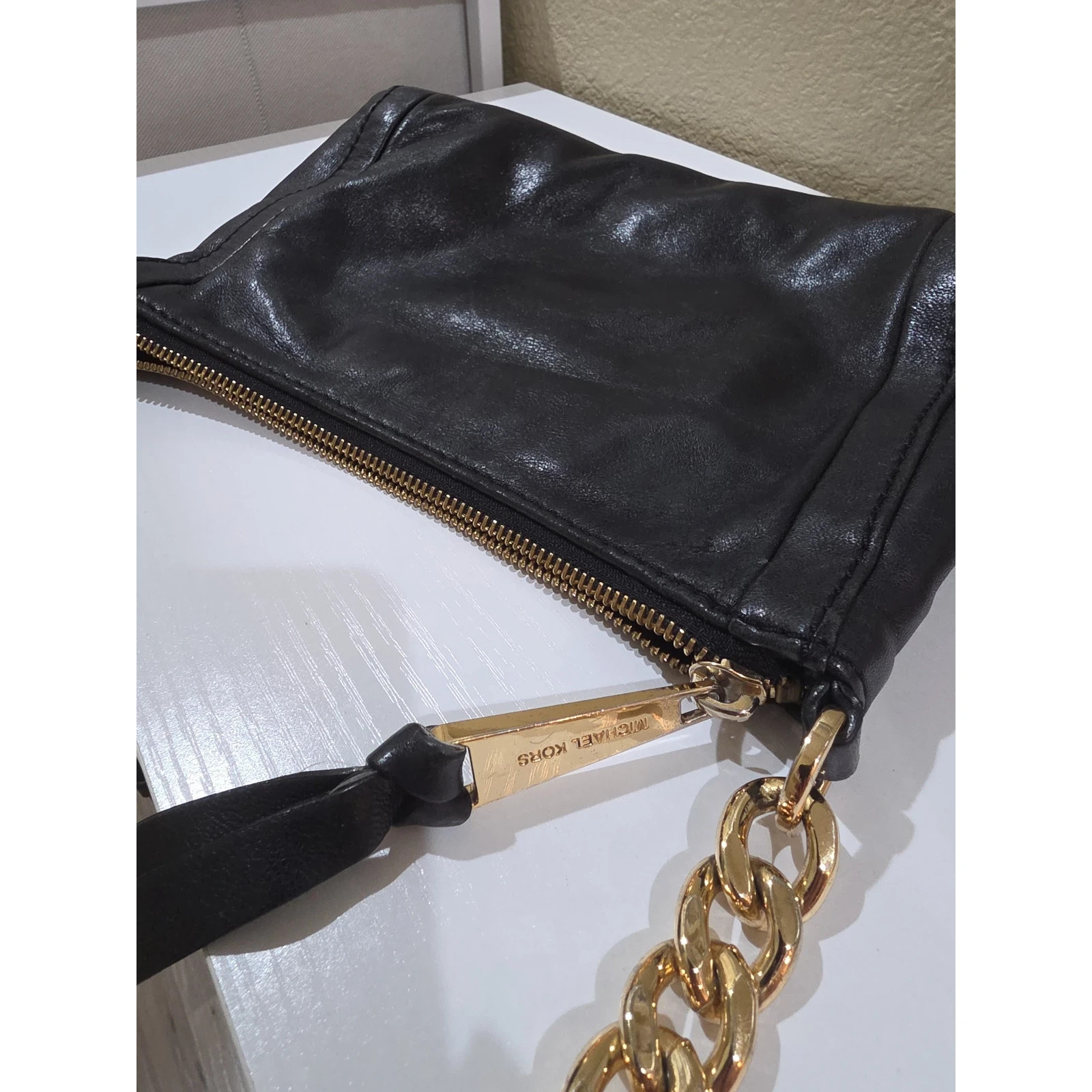 Authentic Michael Kors Black Leather Crossbody Shoulder Bag Gold MK Logo