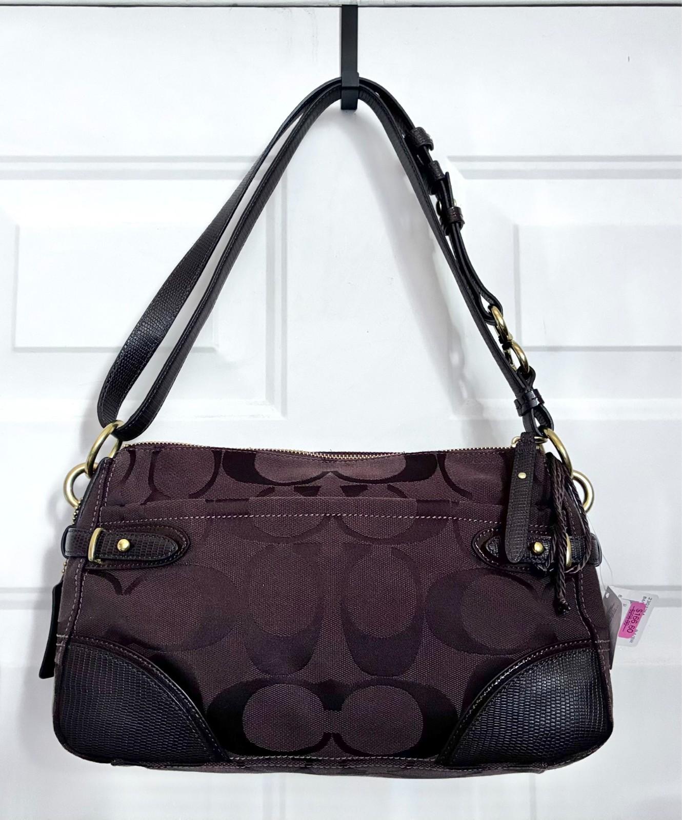 Coach Signature Brown Jacquard Shoulder Bag NWT Leather Trim Purple Satin F12712