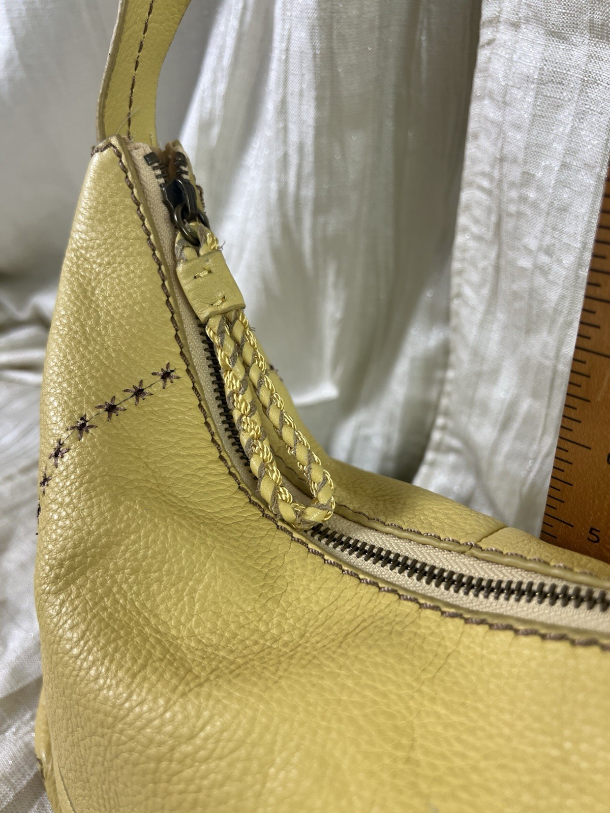 The Sak Yellow Pebbled Leather Hobo Shoulder Bag Purple Stitch Boho Purse