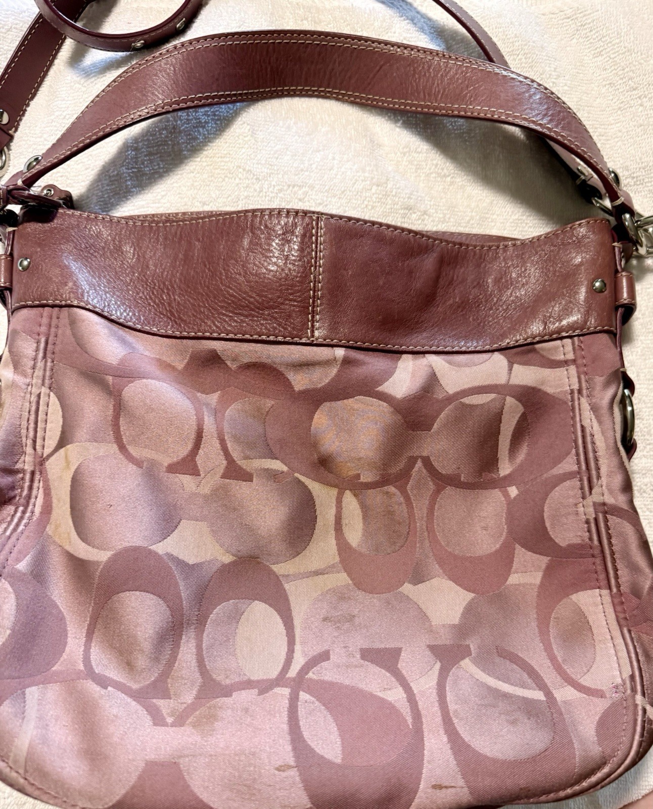 Coach Pink Signature Logo Shoulder Bag Zip Top Detachable Strap Silver