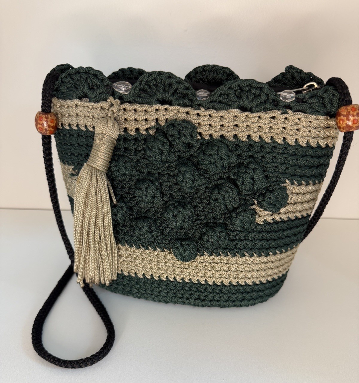 Handmade Green Beige Striped Crochet Crossbody Bag Zip Top Beaded Tassel
