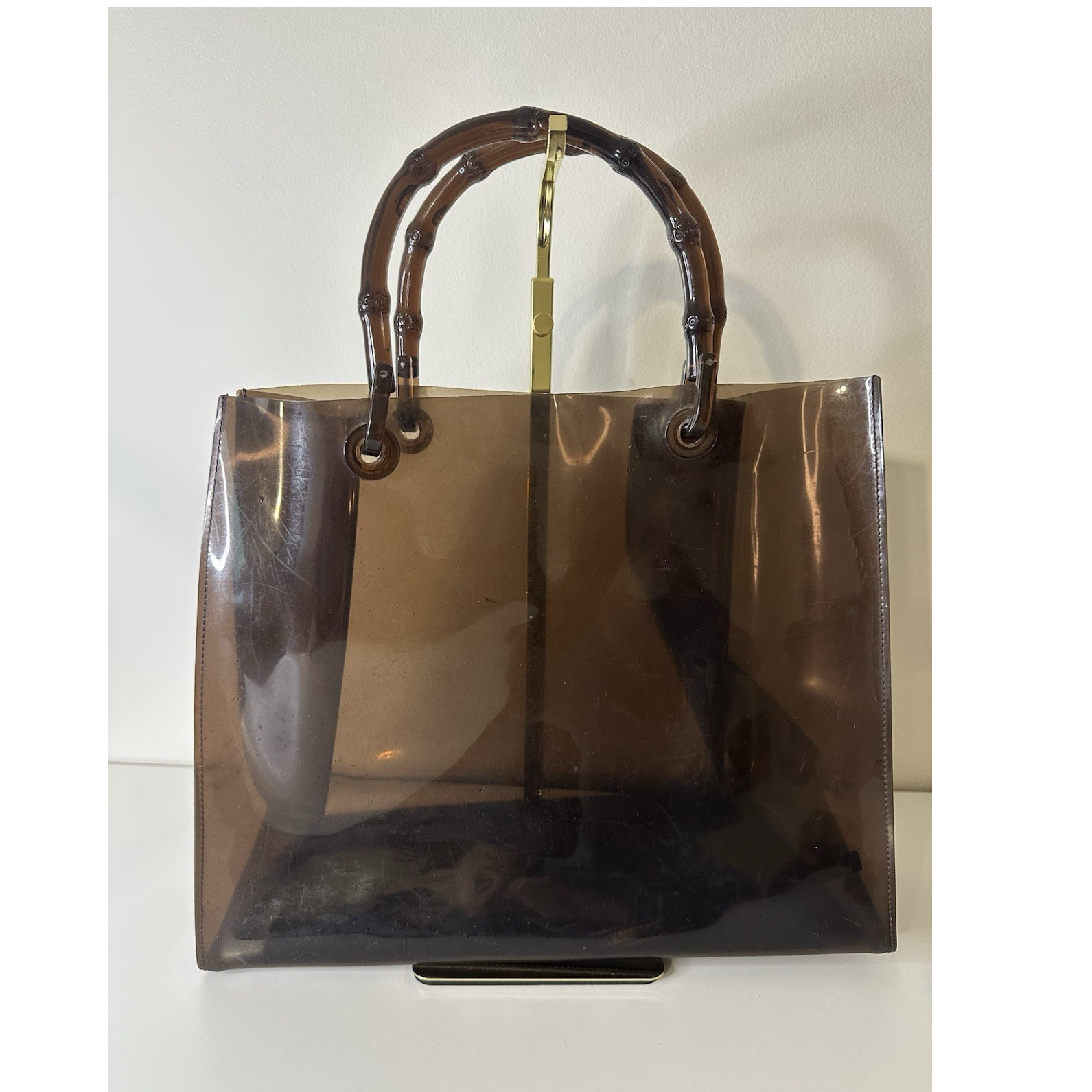 Gucci Bamboo Brown Clear PVC plastic Tote Bag Purse Zipper Pouch Authentic