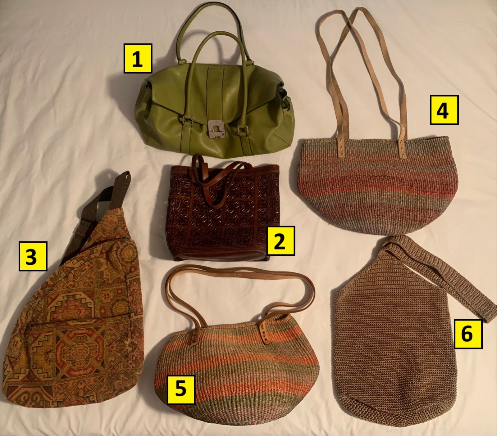 Lot of (6) Women’s Bags / Purses Various Unbranded – Leather / Woven Fiber / Etc