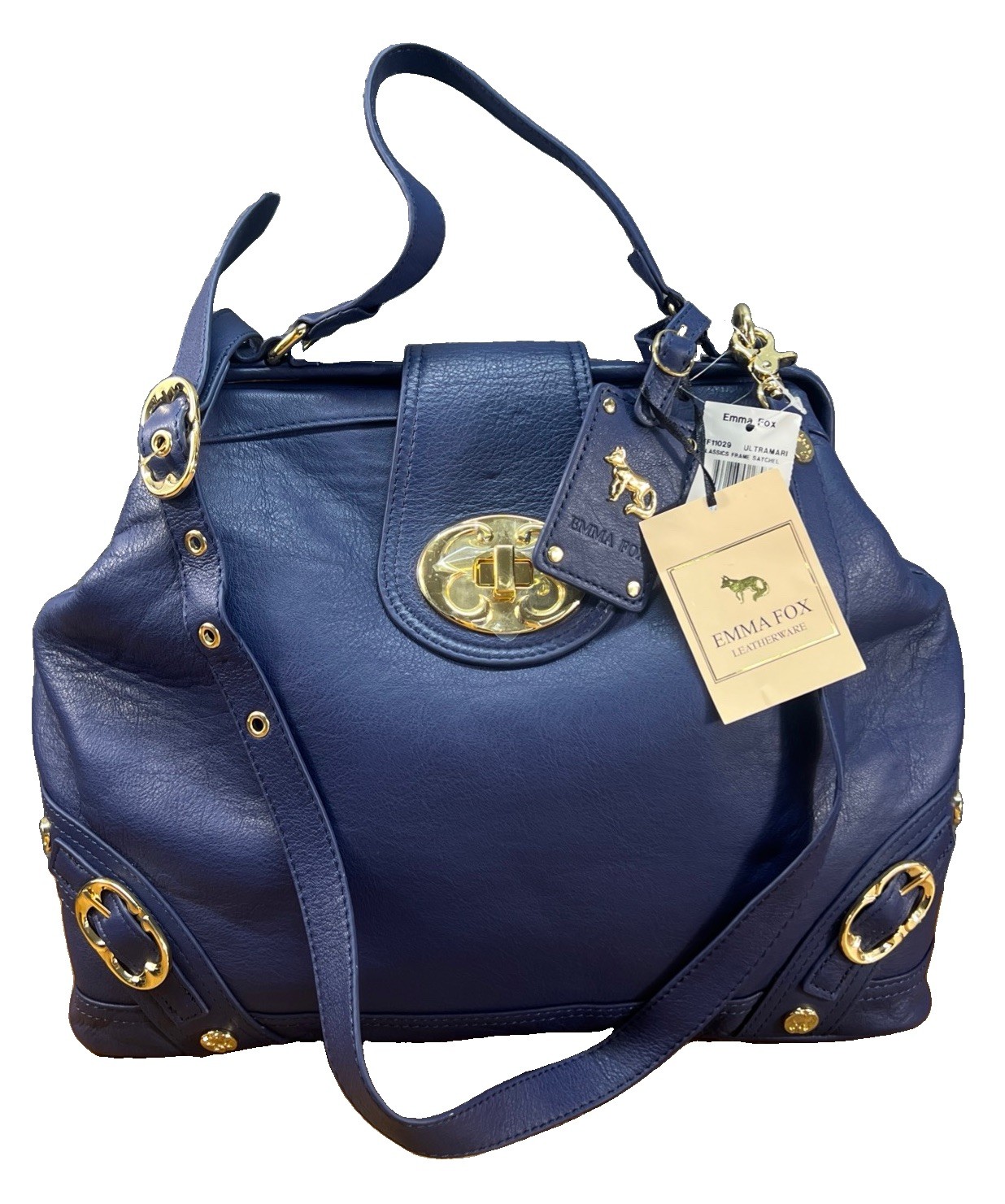 Emma Fox Ultra Mari Leather Satchel Bag Blue + Crossbody Strap MSRP $328.00