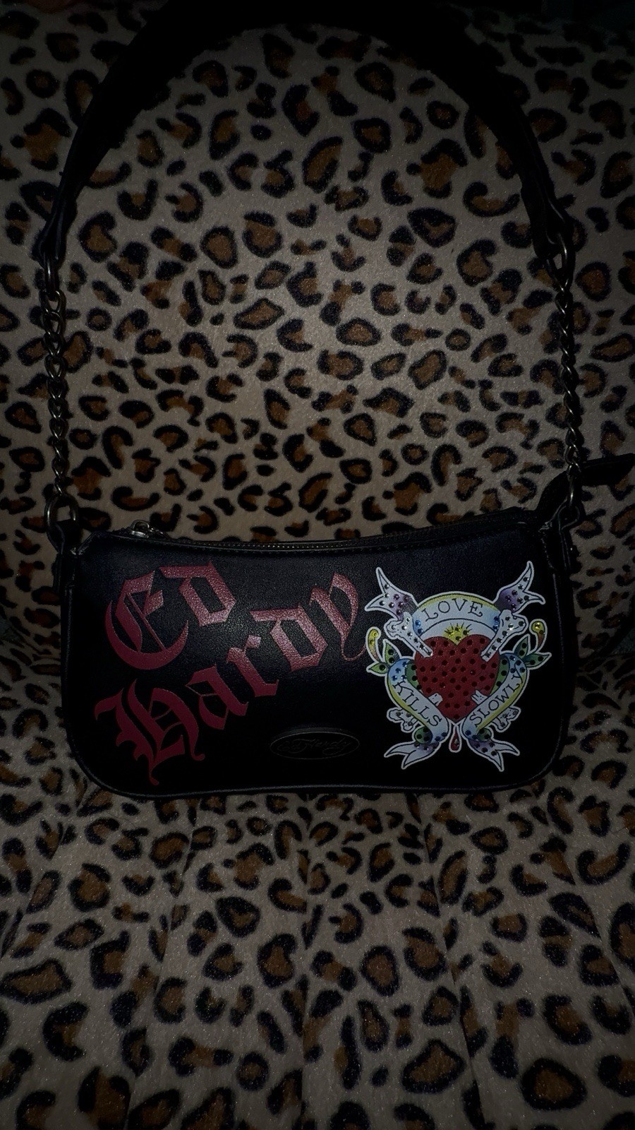 Ed Hardy Women’s Black Shoulder Bag Zip Closure Chain Strap Heart Logo Tattoo