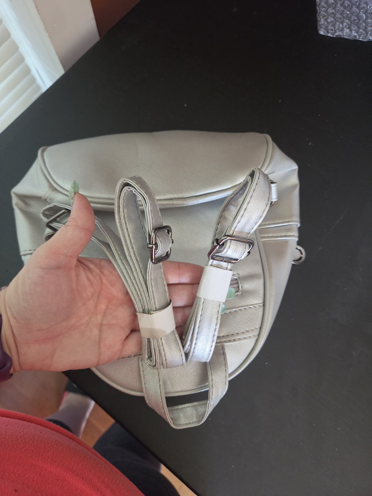 Silver Metallic Mini Backpack Purse Bow Accent Zip Adjustable Strap