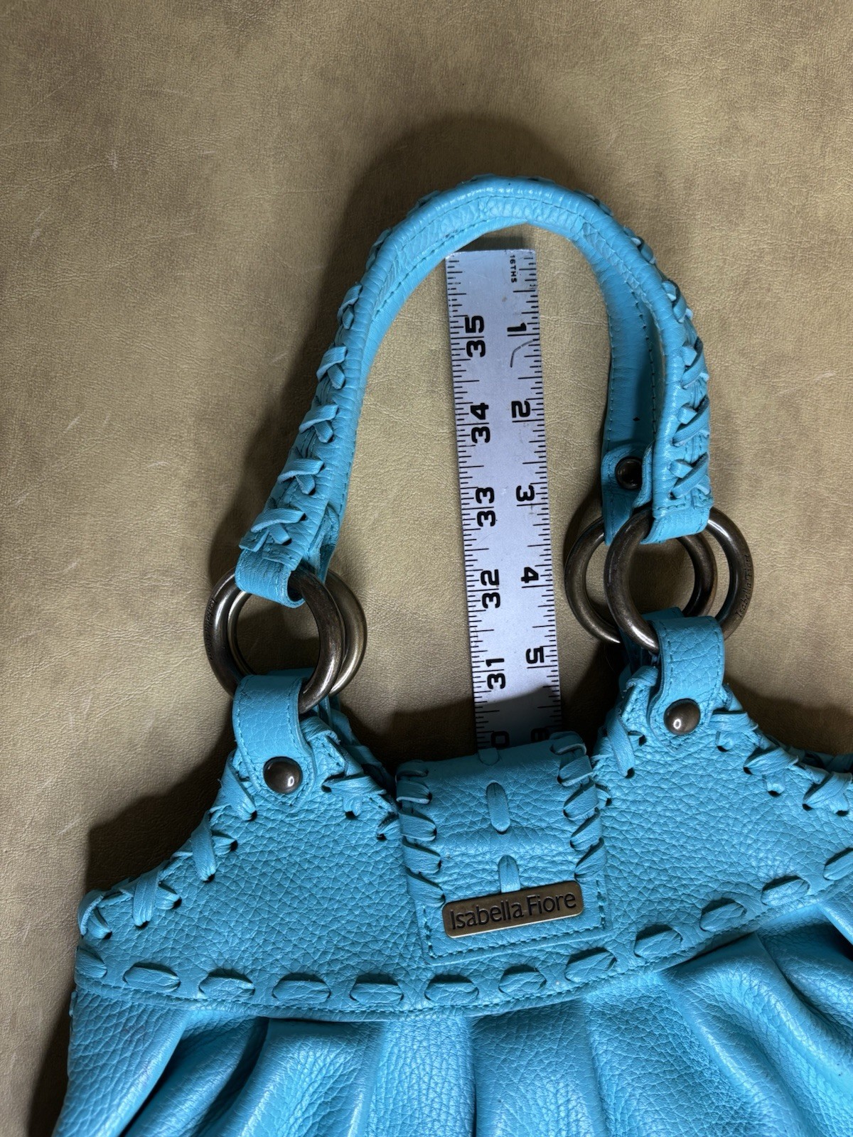 Isabella Fiore Turquoise Blue Whipstitch Tassel Leather Hobo Shoulder Bag
