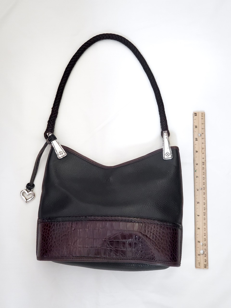 Brighton Collection Black Brown Leather Moc Croc Shoulder Bag Purse Woven Strap