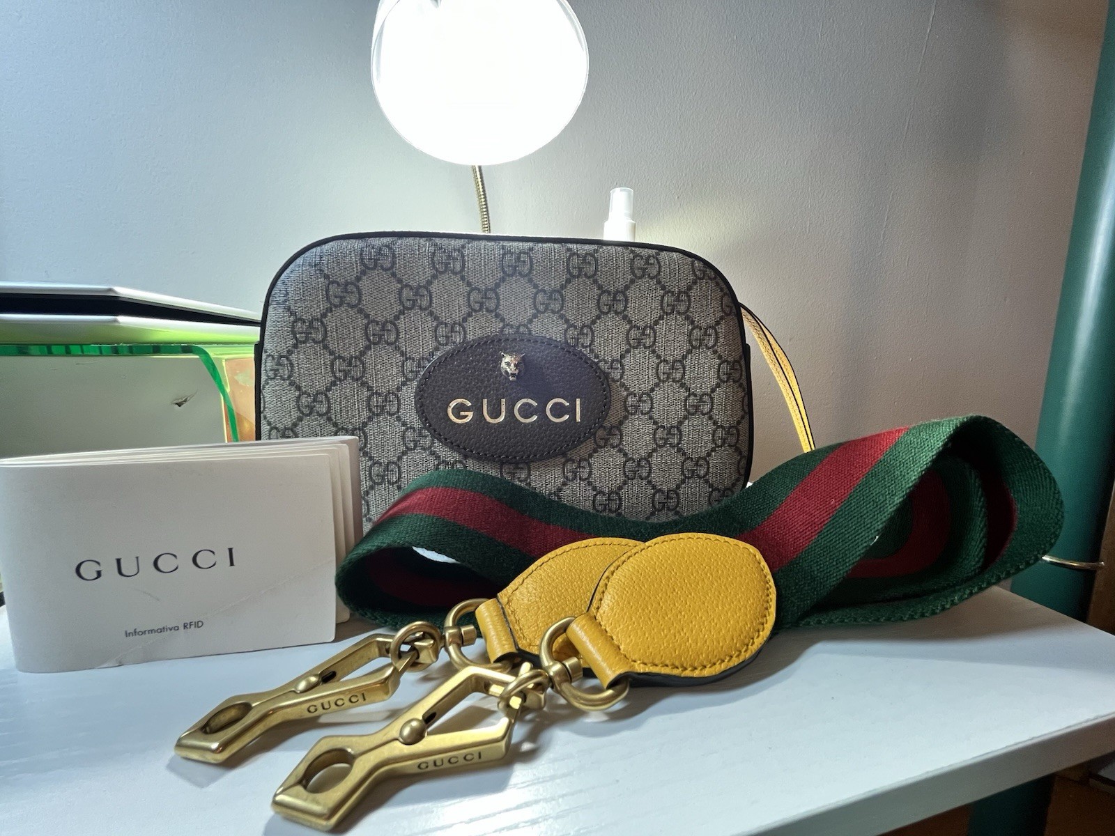 Gucci GG Monogram Beige Brown Small Rectangle Crossbody Red Green Strap Gold Zip