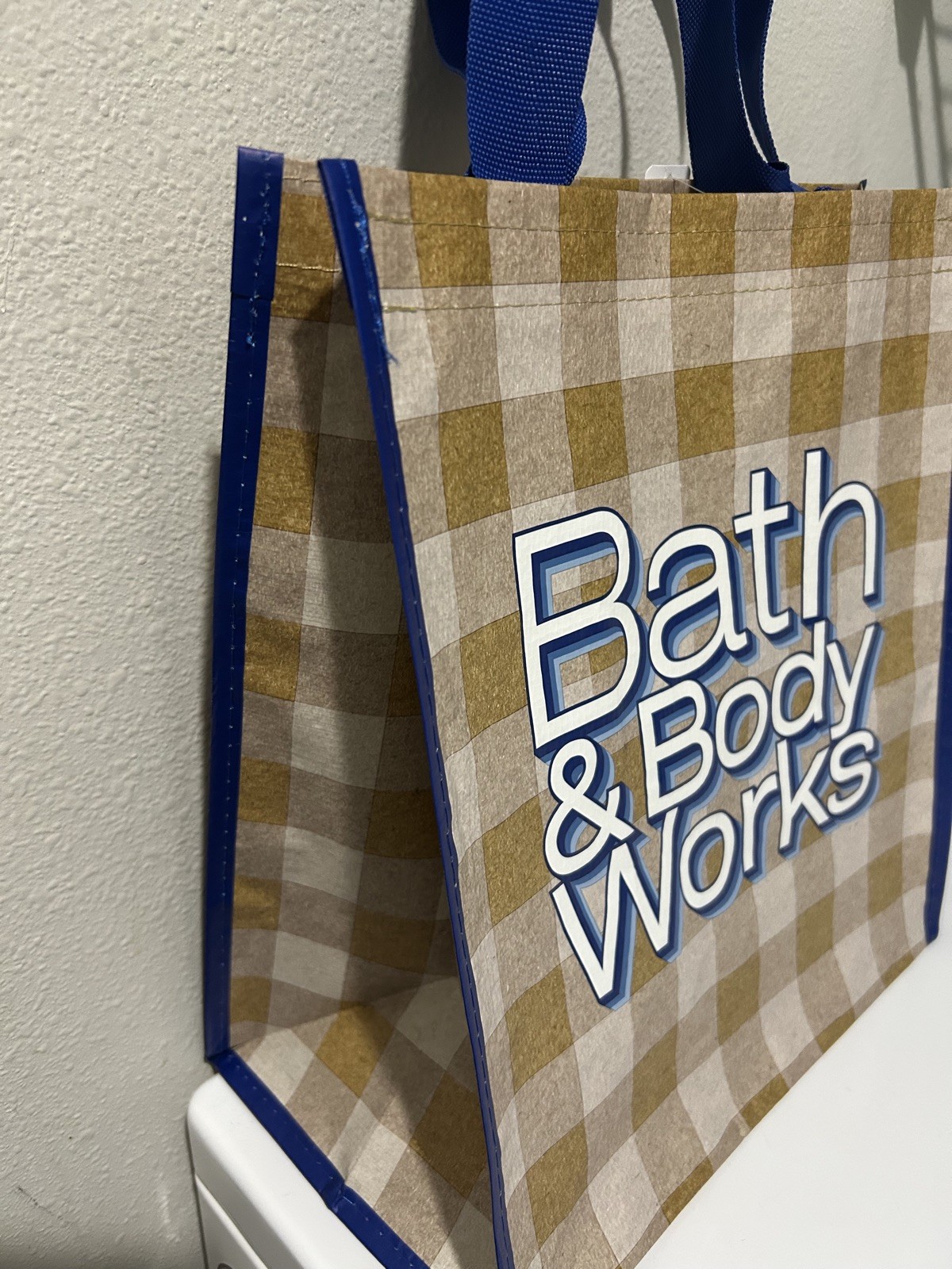 Bath & Body Works Gingham Tote Bag Shopper Blue Brown Large