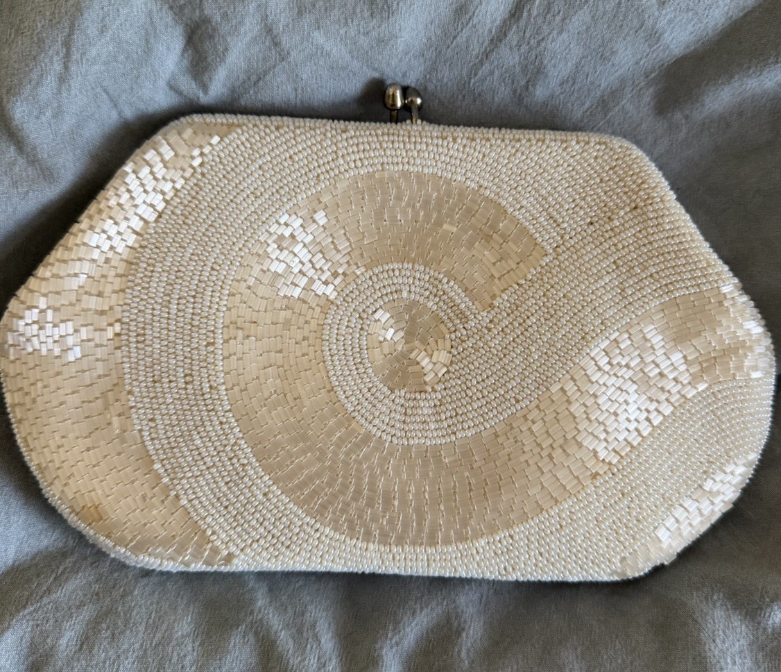 Beaded Clutch Purse Ivory 8×5″ Bag Pocketbook Formal Prom Event