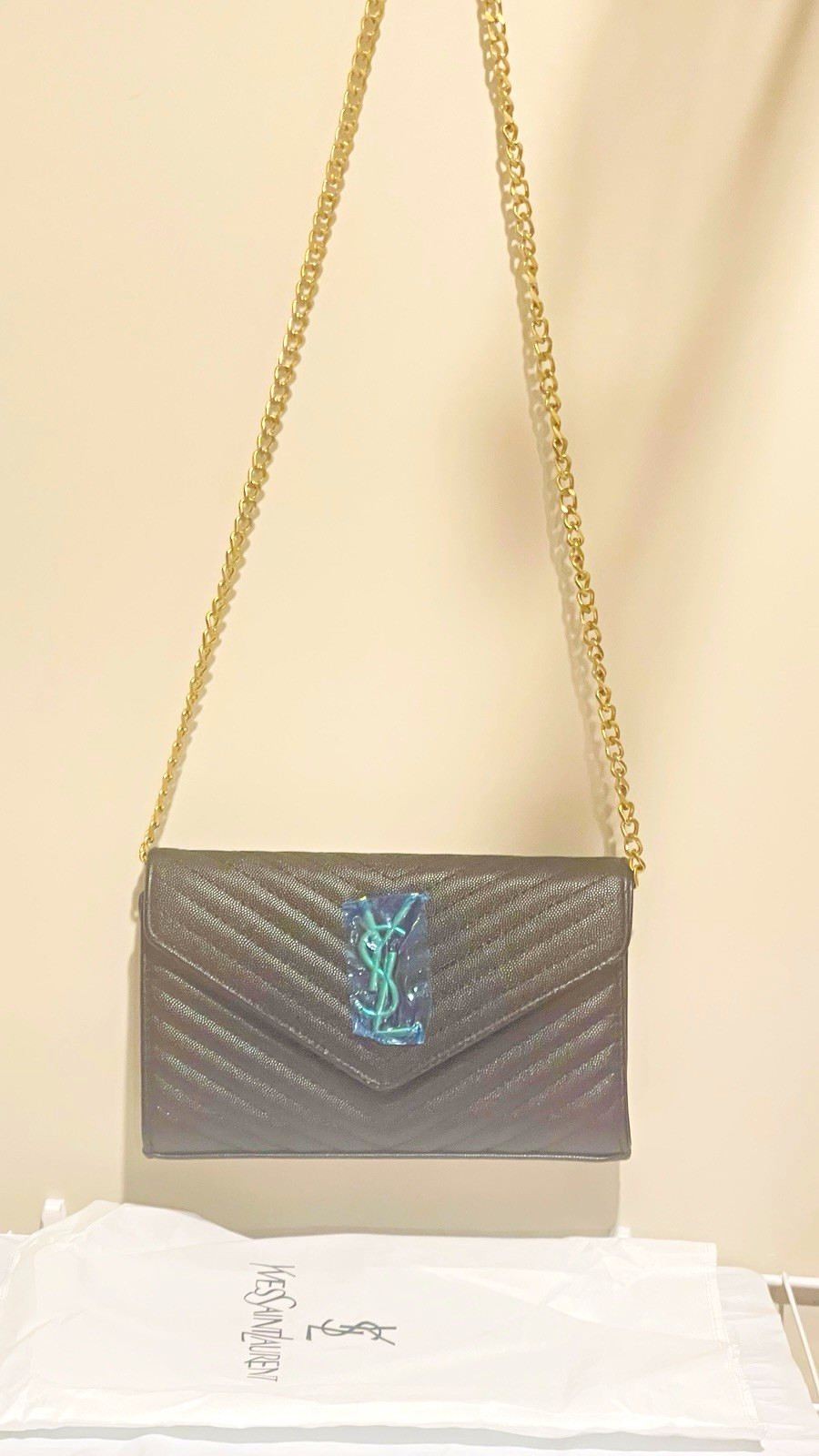 Saint Laurent Envelope Small Black Chevron Quilted Chain Bag Gold Hardware