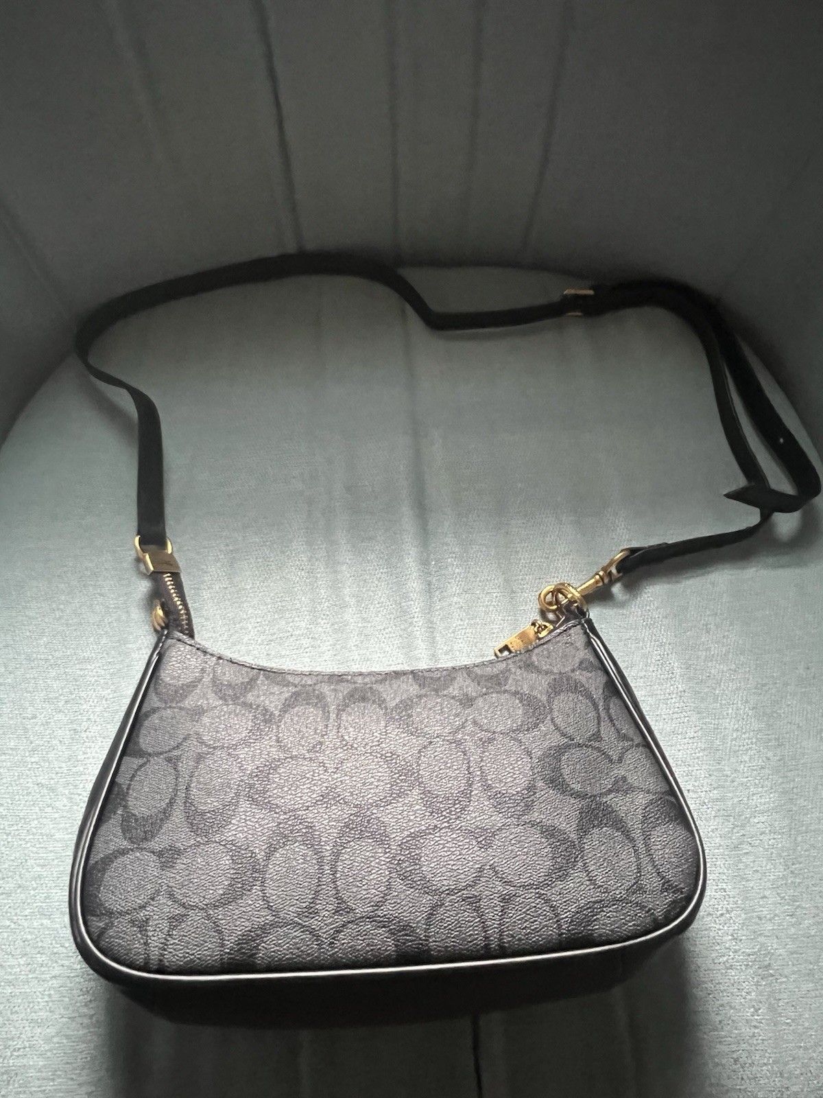 Coach Signature Gray/Black Crescent Small Shoulder Bag Zip Gold Chain Strap