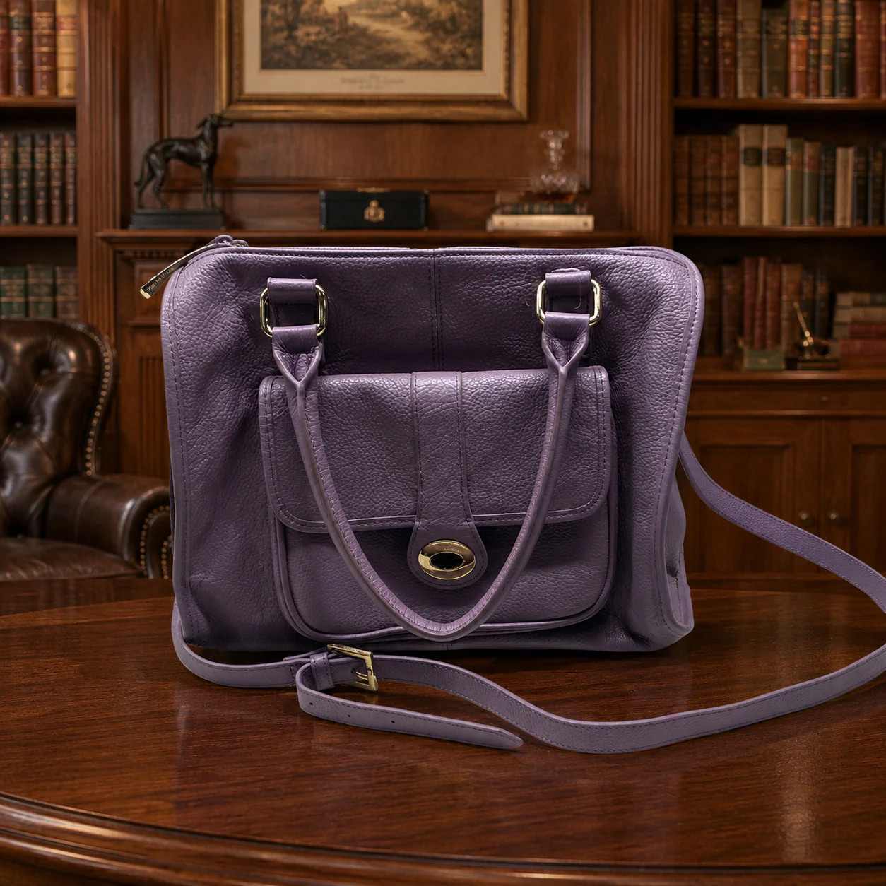 Ora Delphine Purple Pebbled Leather Satchel Crossbody Bag with Gold Hardware | M