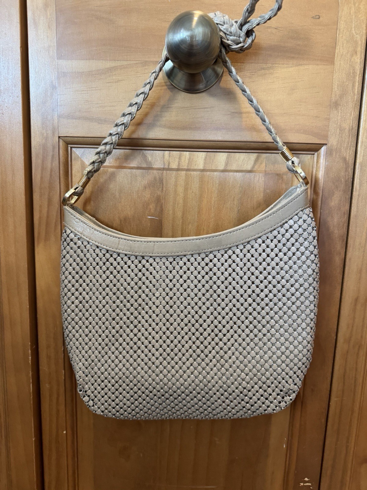 Women’s Beige Woven Shoulder Bag Braided Strap Gold Hardware Zip, Inner Pockets