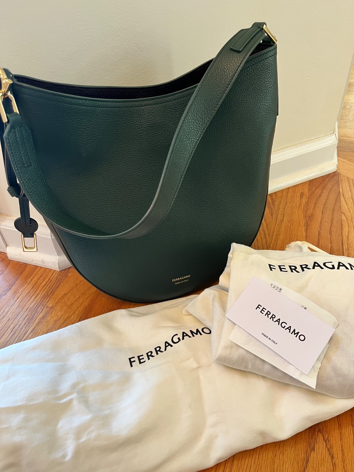 Ferragamo Grain Leather Hobo Bag Dark Green w Dust Bag $2200+ NEW SOLD OUT COLOR