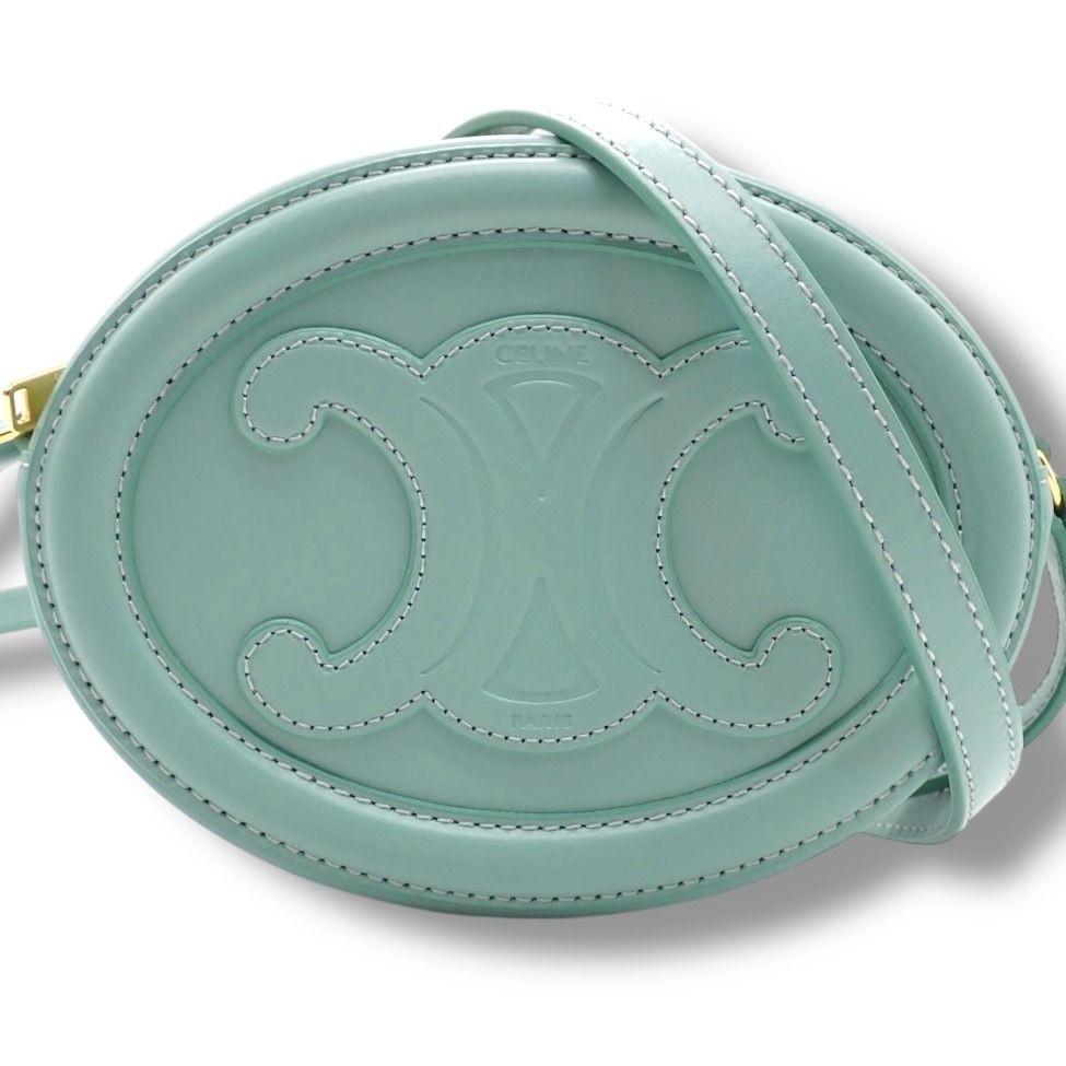 CELINE Bag: Oval Purse Triomphe Green W16.5H12.5D5.5cm w/dust bag;