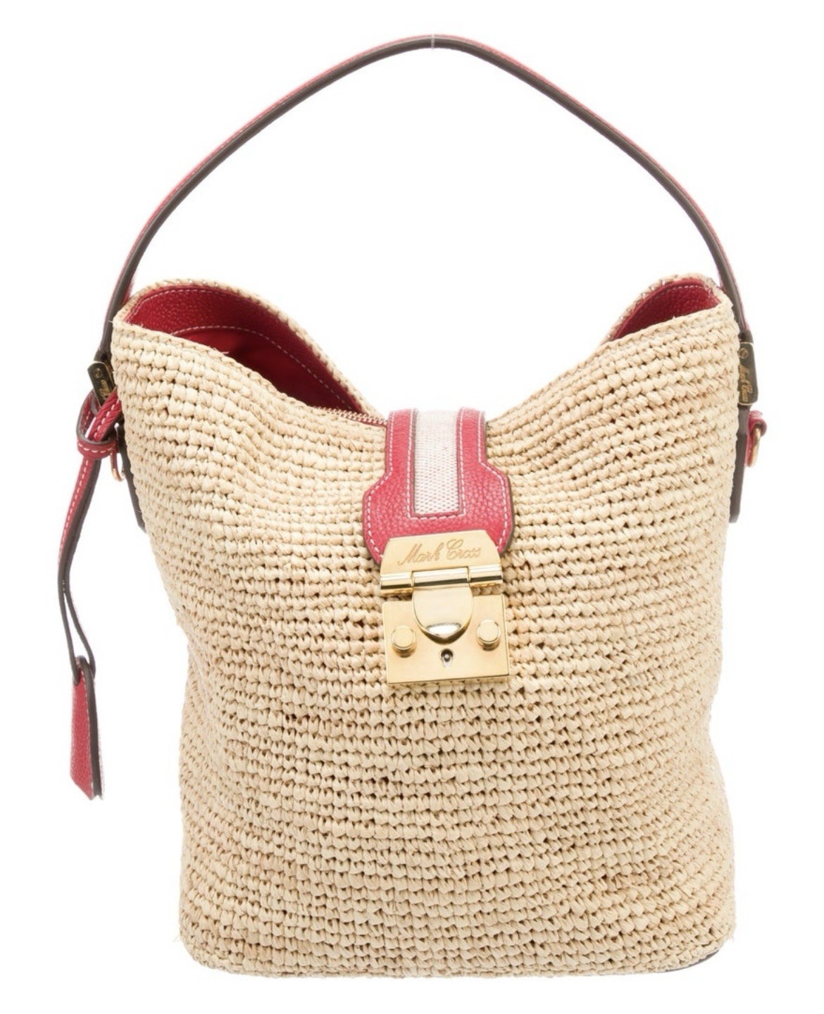 Mark Cross Woven Bucket Bag Beige Red Leather Trim Gold Hardware Lock