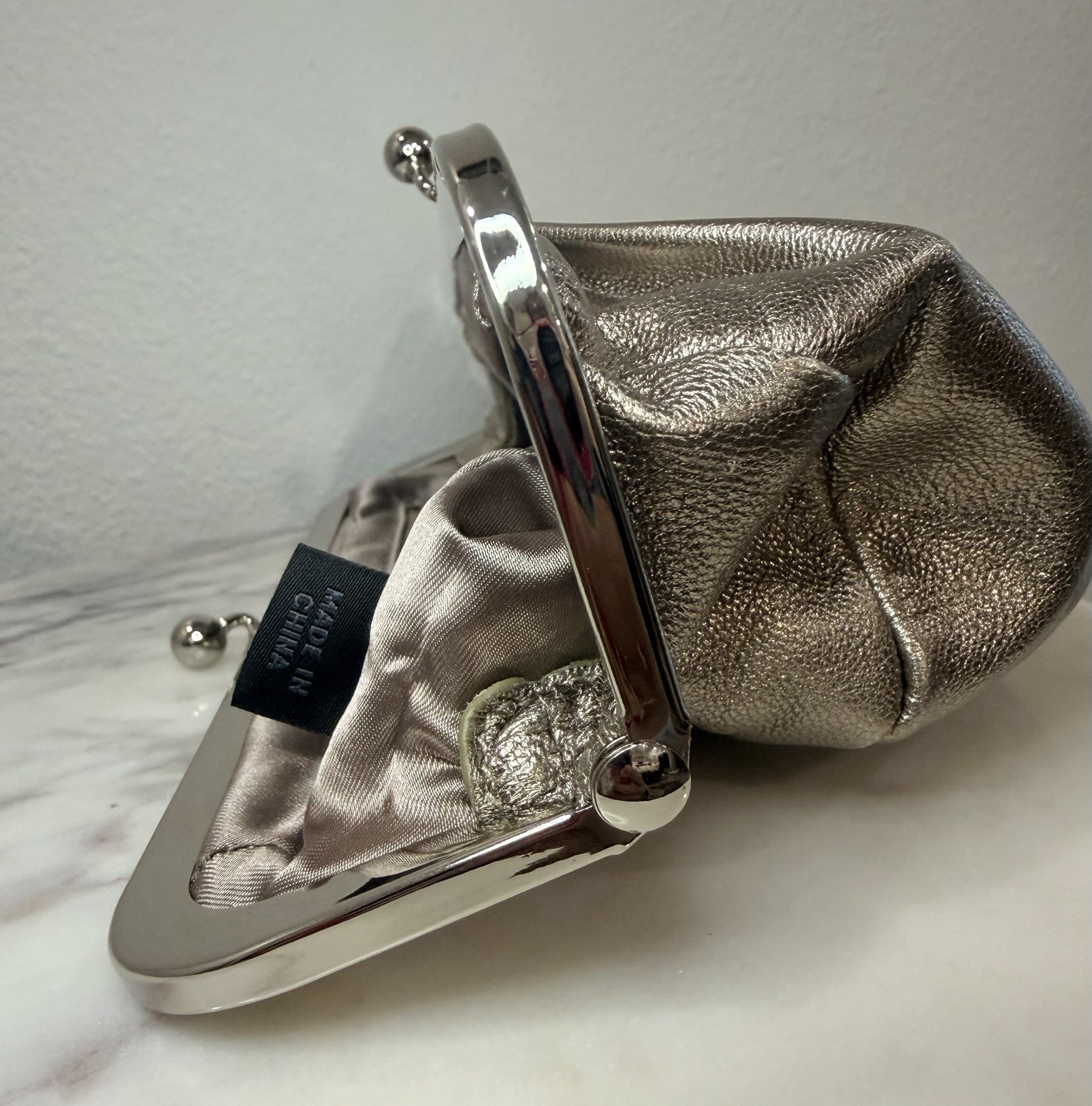 Express Metallic Silver Kiss Lock Pleated Clutch, Lined w/ Inner Pockets