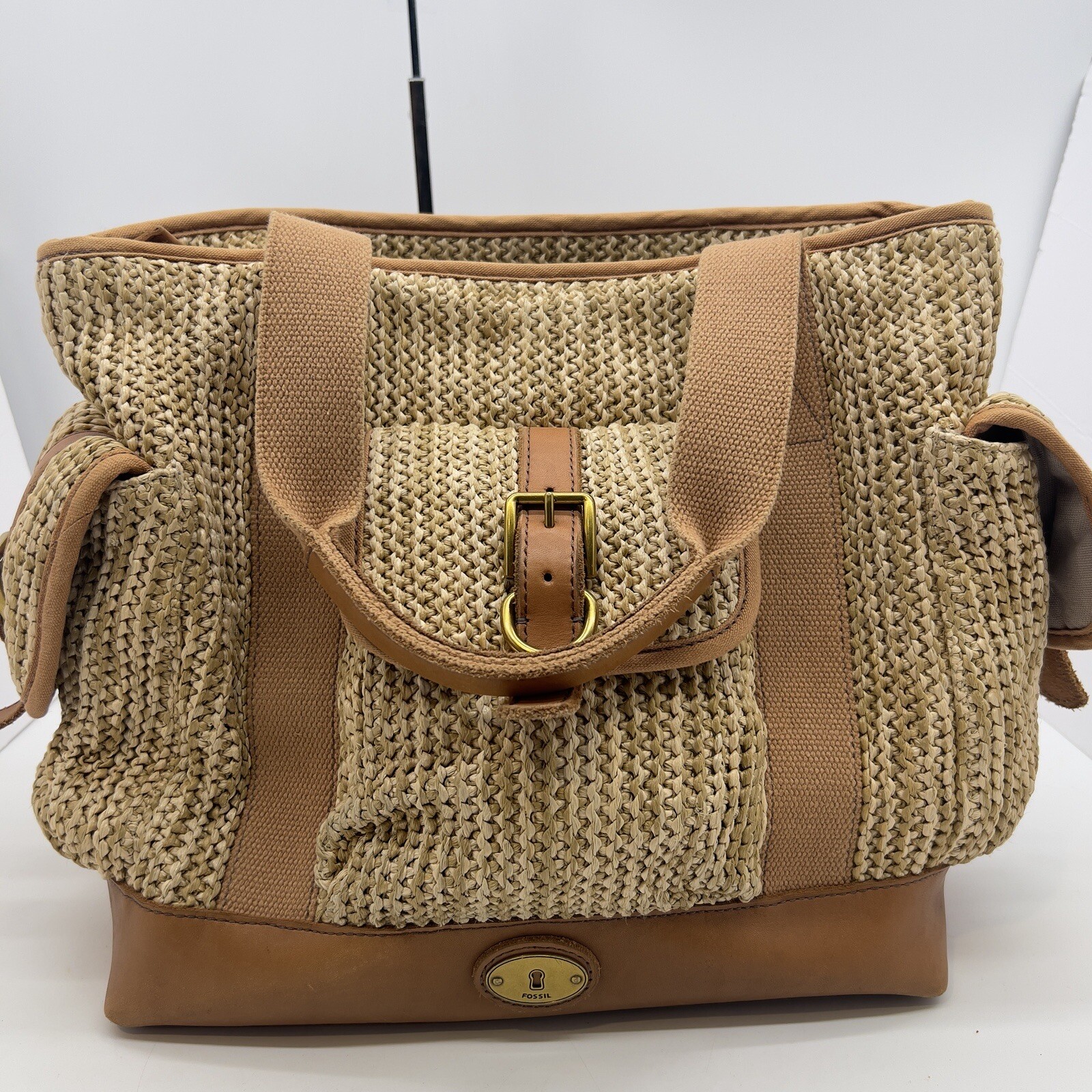 Fossil Handbag Large Weekend Raffia Natural Tote Bag Tan Leather Trim