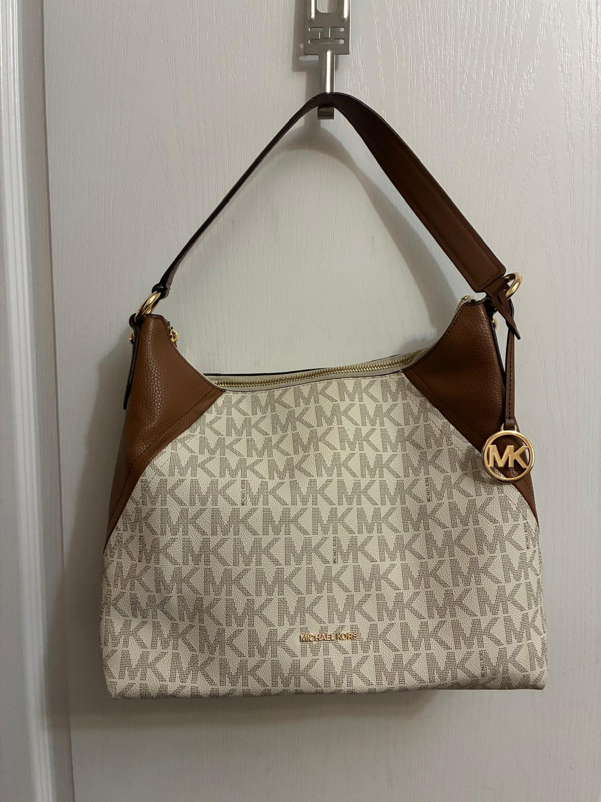 Michael Kors MK Signature Vanilla Brown Hobo Shoulder Bag Gold Charm 🔥FAST SHIP