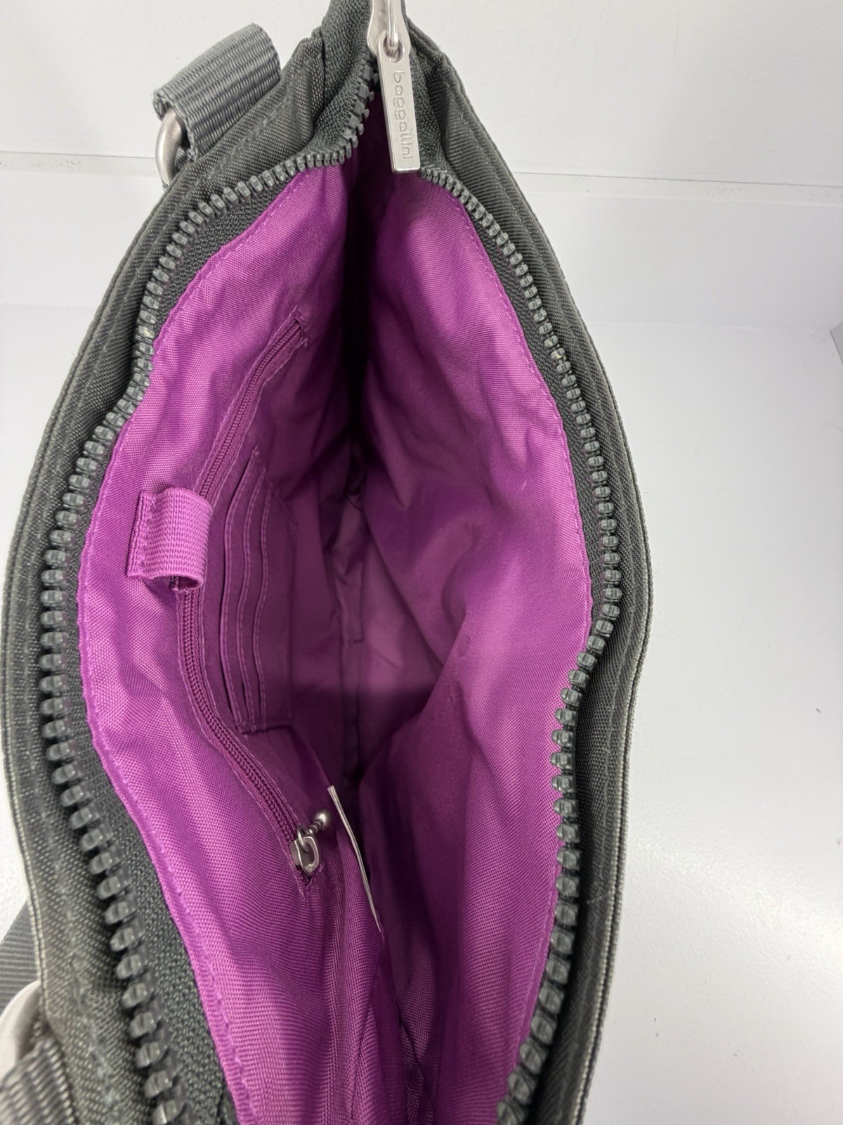 Baggallini Gray Polyester Crossbody Shoulder Bag With Purple Lining