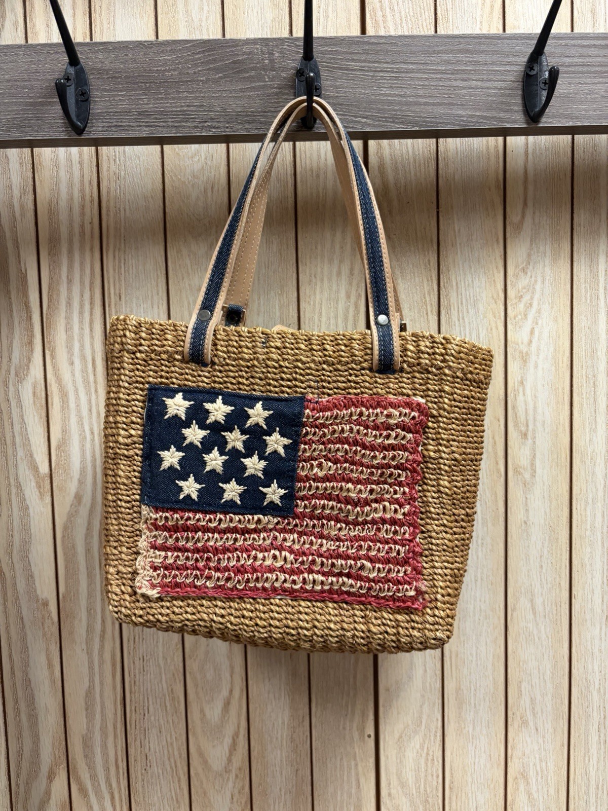 Q&A Straw Denim American Flag Handbag America USA Patriotic