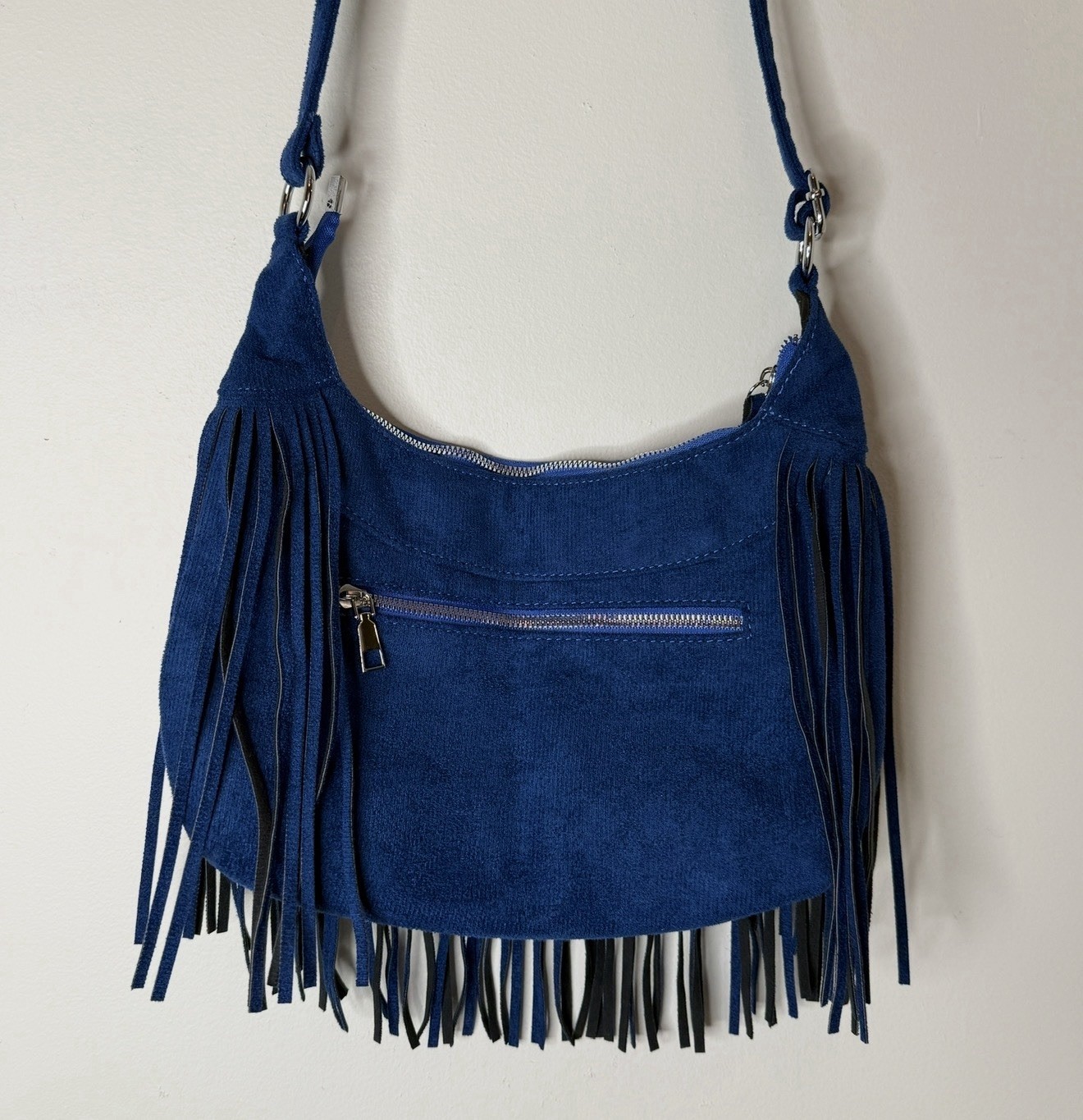 Blue Faux Suede Fringe Hobo Shoulder Bag Boho Western Festival Crossbody Style