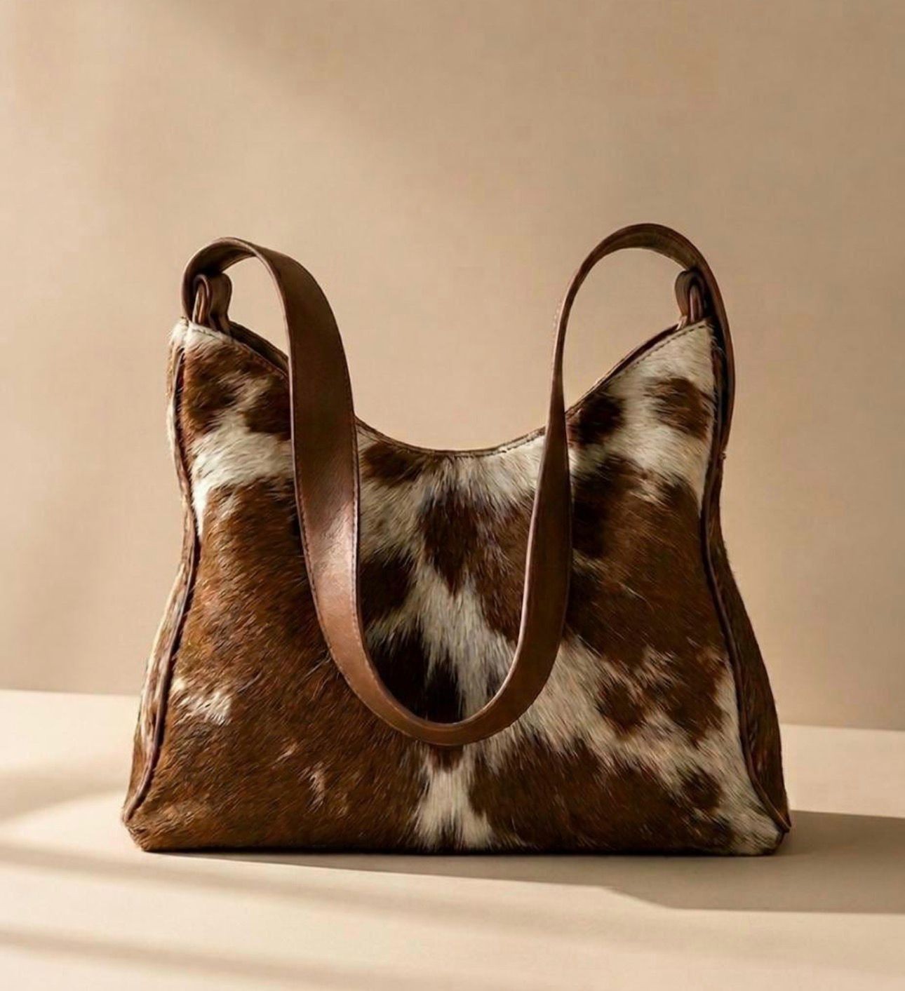 Genuine Cowhide Leather Tote Bag Hair-On Brown White Shoulder Handbag Western