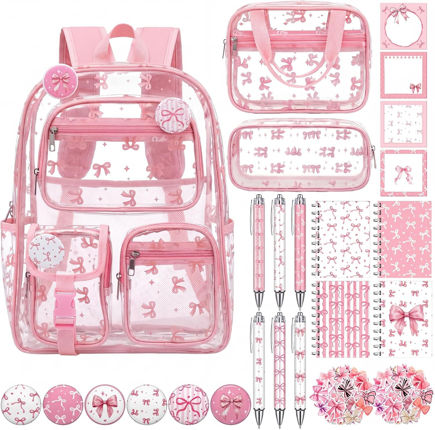 30Pcs Pink Bow Clear Backpack for Women Cute Back Layered Bag Set Heavy Duty PVC