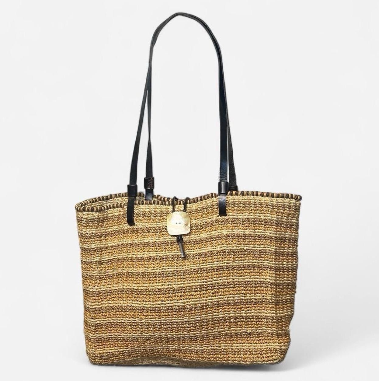 Natural Woven Beach Tote Bag Women’s Black Leather Double Handles Tie Closure