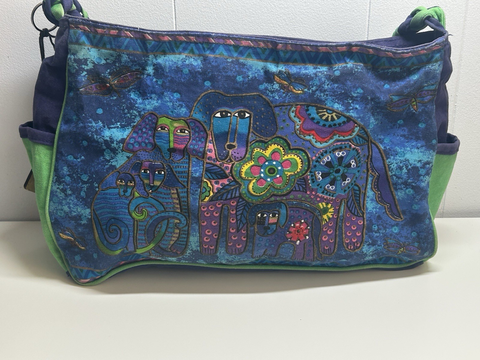 Laurel Burch Canvas Purse Tote Blue With Abstract Dogs Colorful Sequin Bag Charm