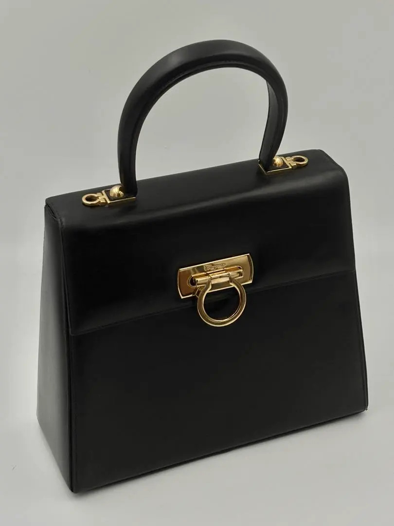 Salvatore Ferragamo Gancini Black Leather Top Handle Bag Gold Hardware Auth JP