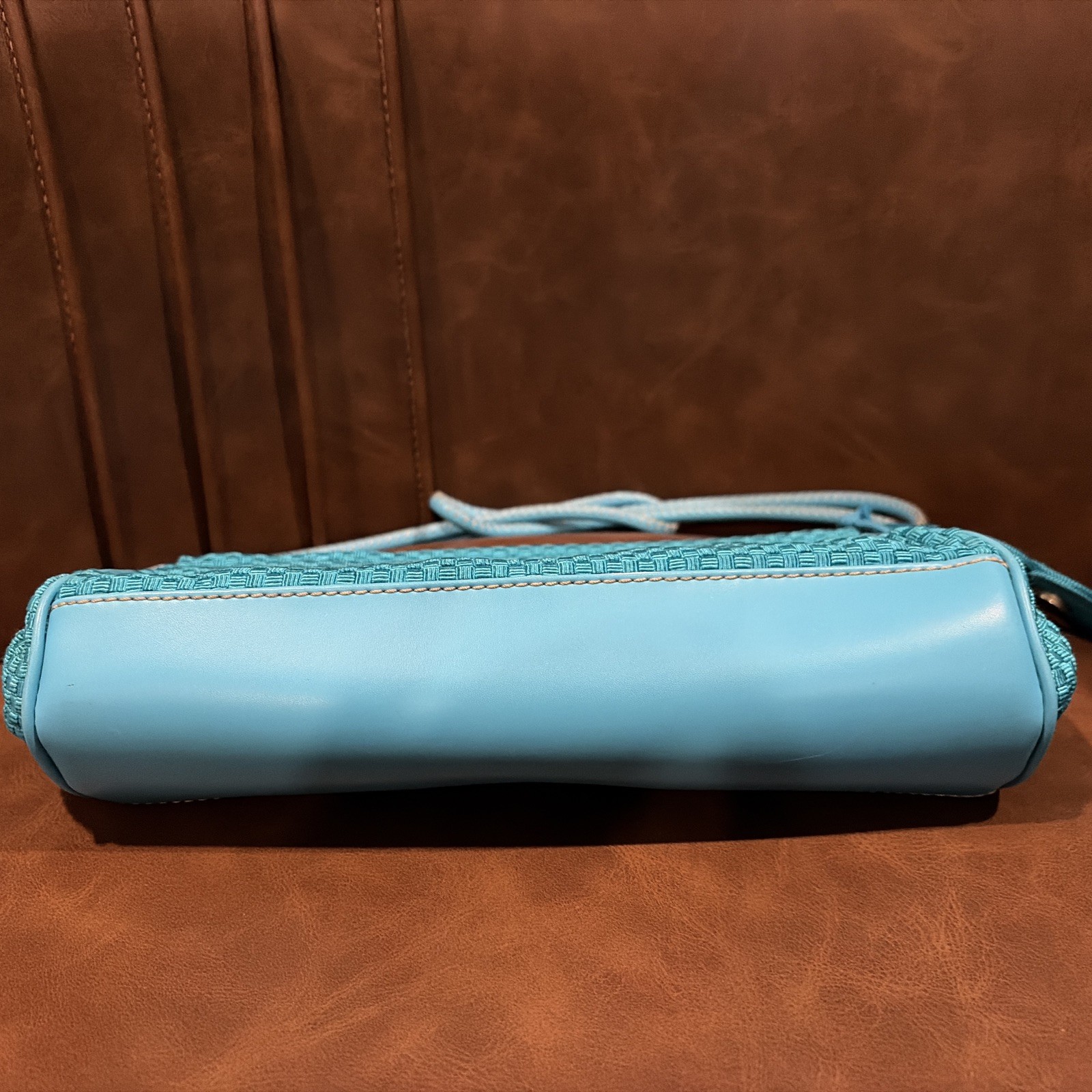 The Sak Mini Shoulder Bag woven w vegan leather trim turquoise heart