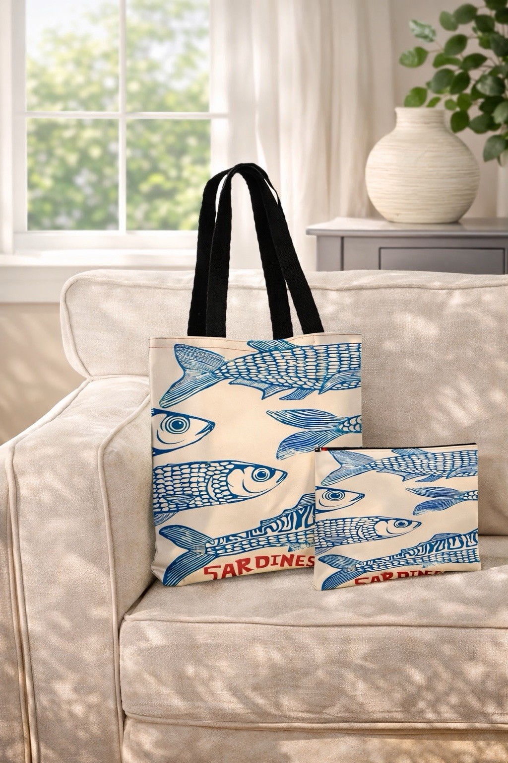 Sardine Fish Shopper Tote + Makeup Bag in Beige Blue Set Of 2