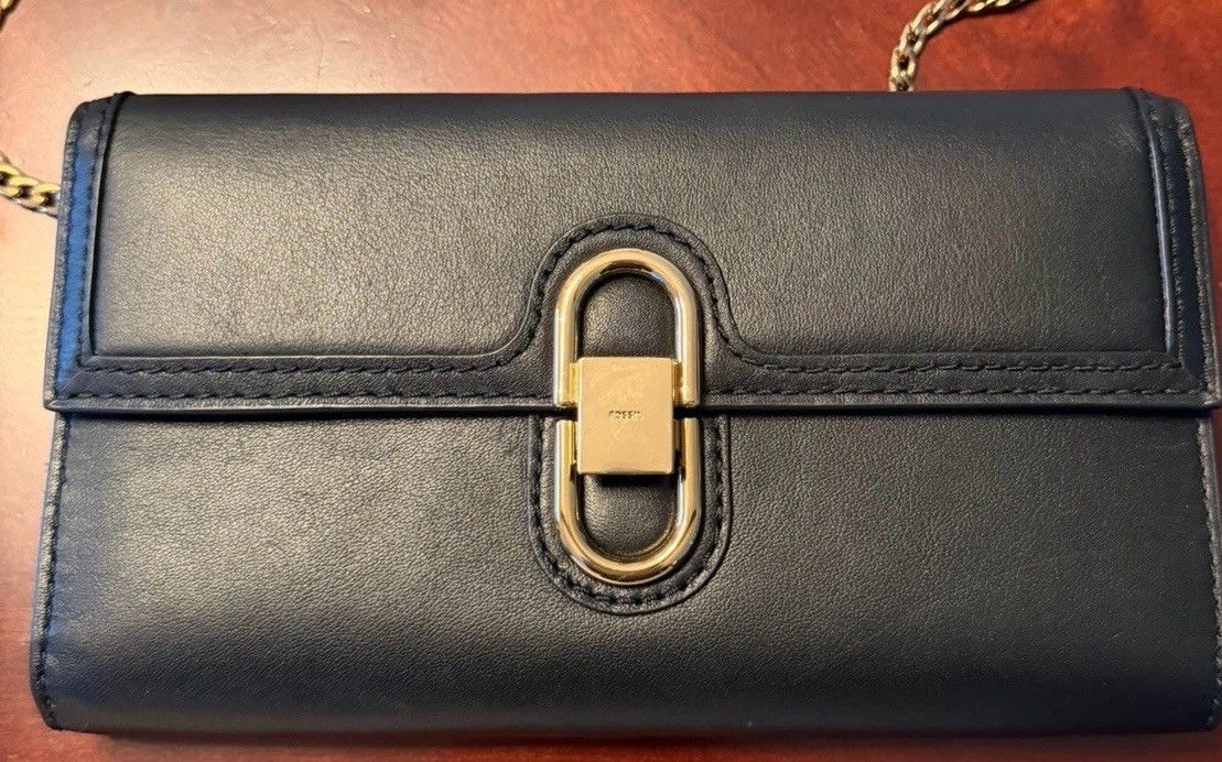 Fossil Avondale Leather Black Clutch with Gold Chain