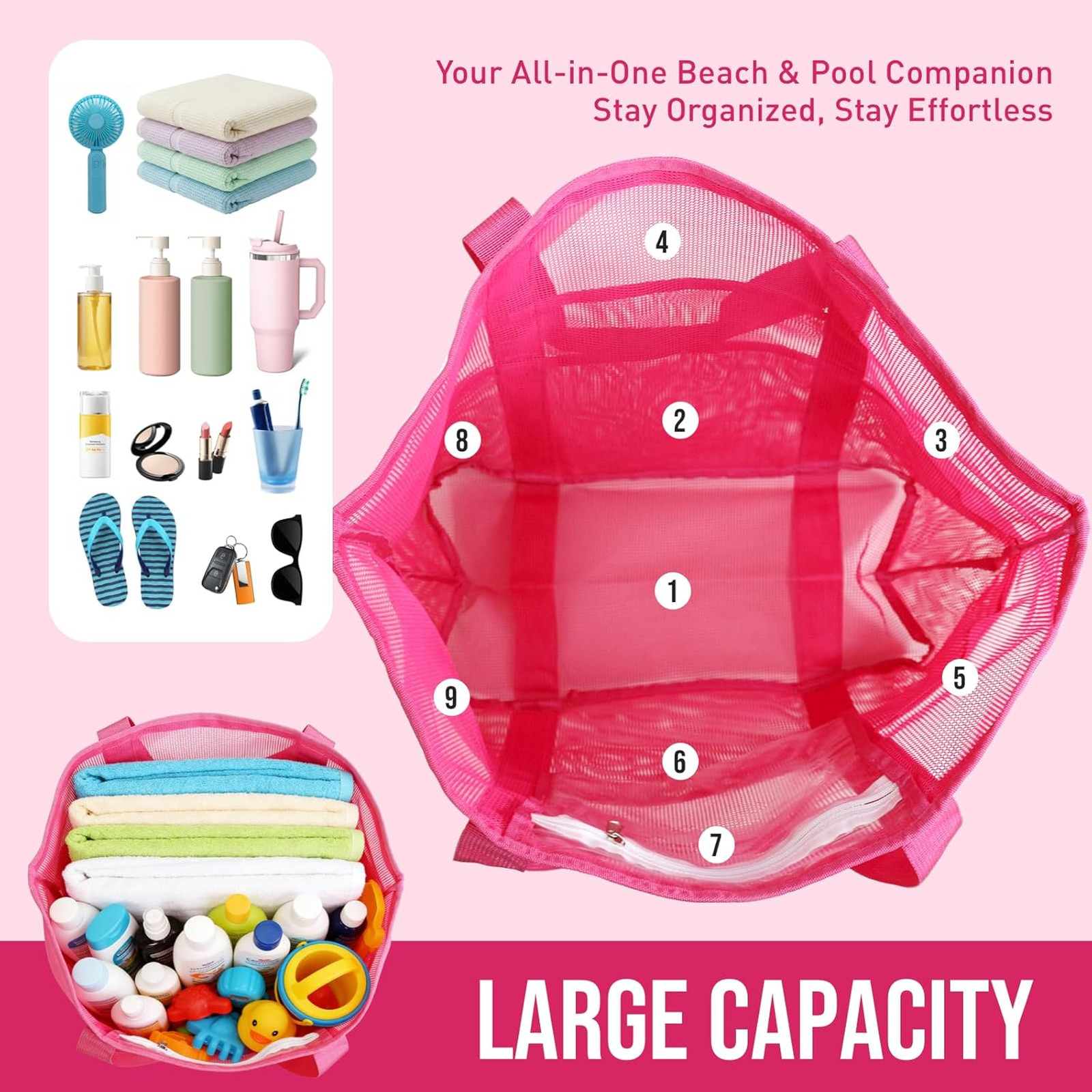 Large Mesh Beach Tote Bag Reinforced Hard Bottom Foldable Summer Vacation Travel