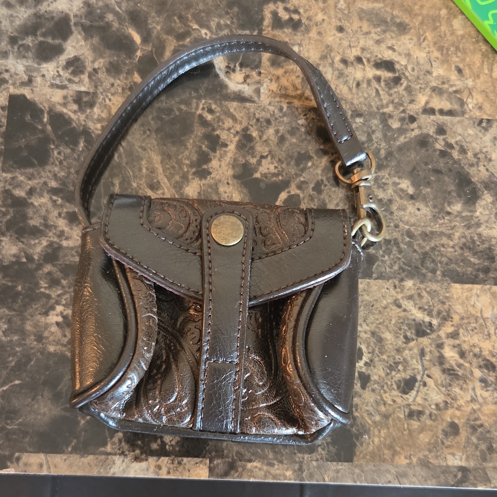 Women’s Brown Embossed Paisley Wristlet Purse, Snap, Silver Hardware