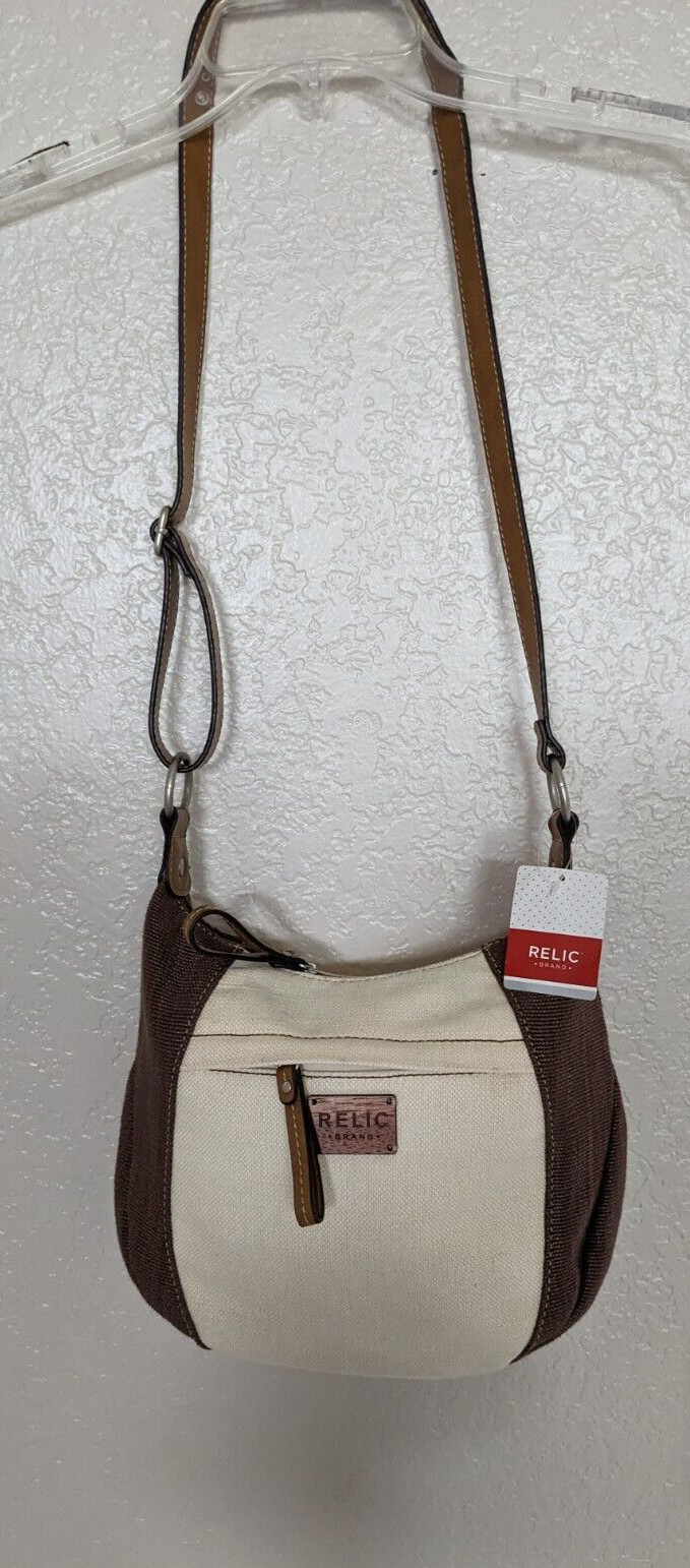 NWT Relic Crossbody Coastal Shoulder Purse Leather Full Zip Brown/Ivory