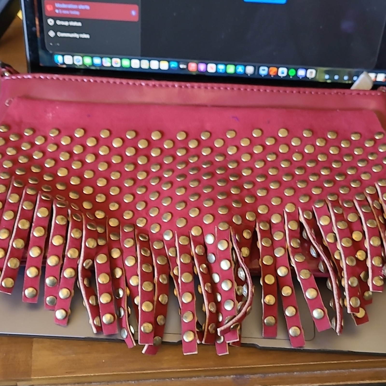 Red Studded Fringe Clutch Bag, Zip Closure, Gold Hardware, Solid Rectangle