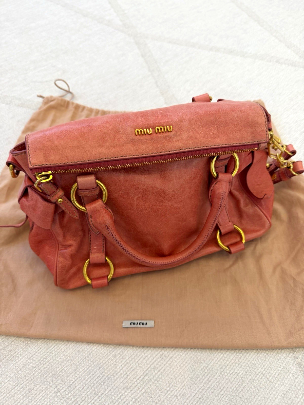 Miu Miu Pink Satchel Top Handle Zip Closure Bow Gold Hardware Strap Dust Bag