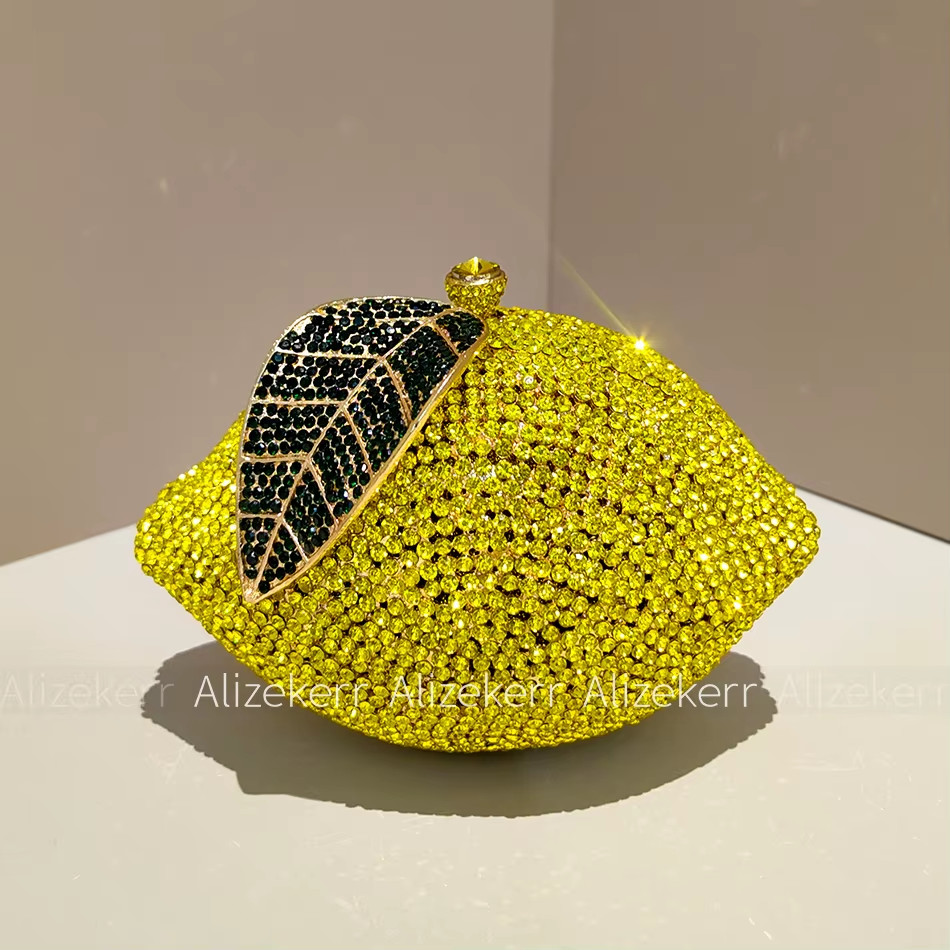 Lemon Shaped Diamond Evening Bags Women Gorgeous Unique Bling Rhinestone Metalli