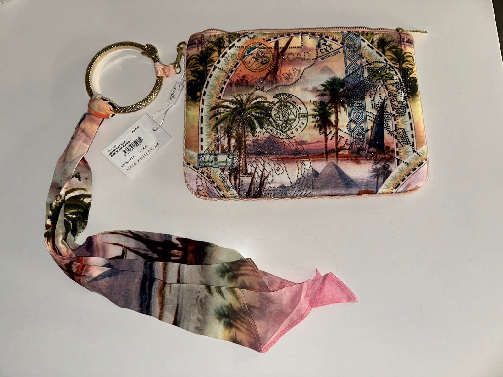 NWT Camilla “Millas Got Mail” Egypt motif silk ring scarf clutch wristlet bag