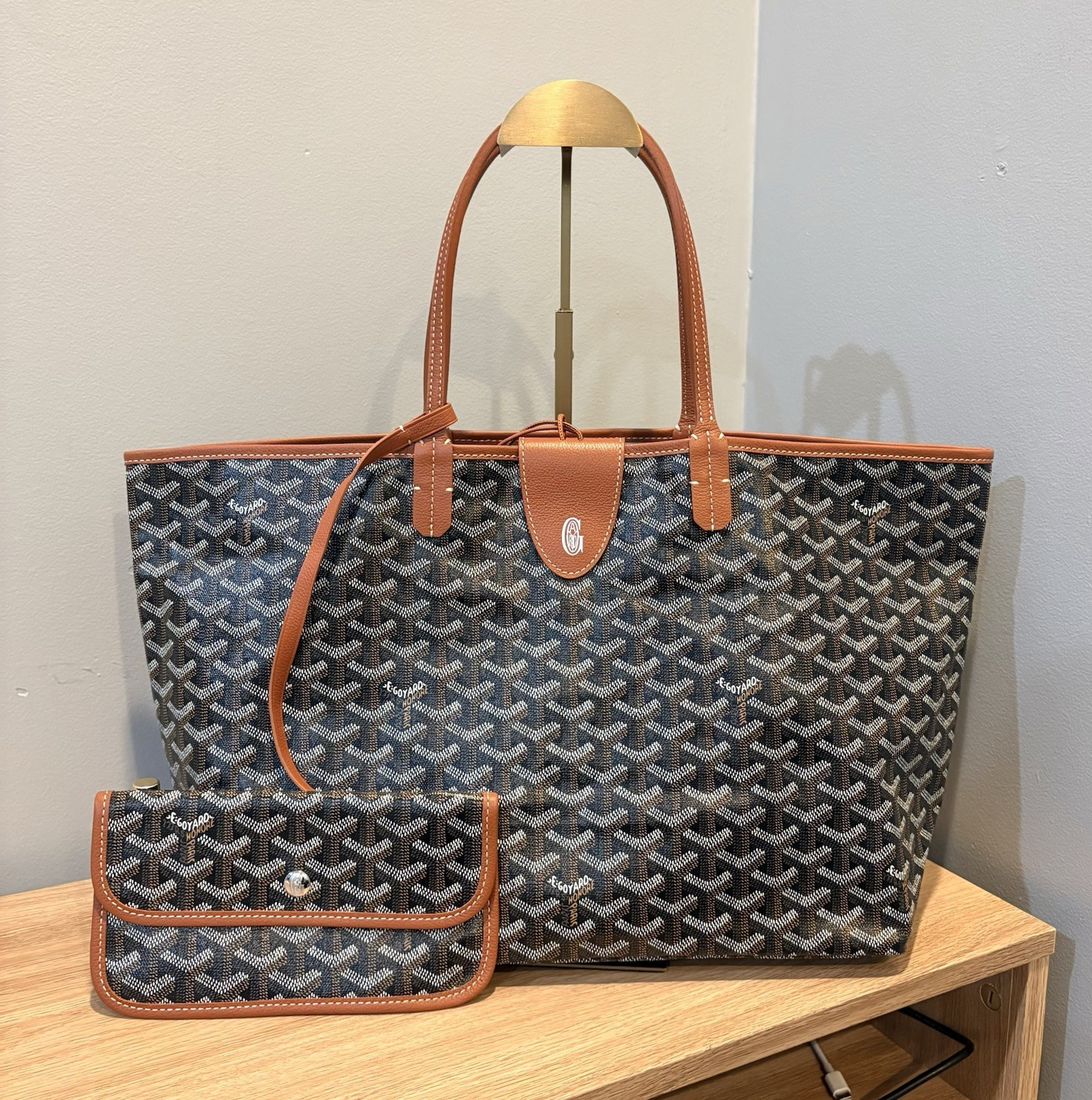 Goyard St. Louis PM Tote Bag Black/Tan Chevron Canvas w/ Pouch EXCELLENT