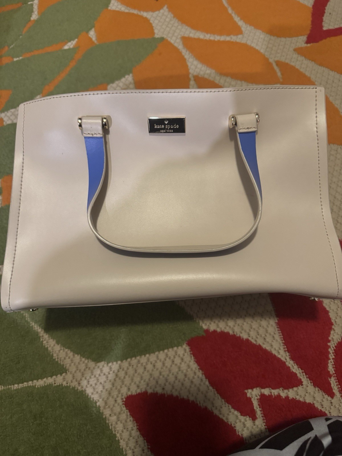 kate spade new york Women’s Satchel Top Handle Zip Closure White/Blue Silver Her