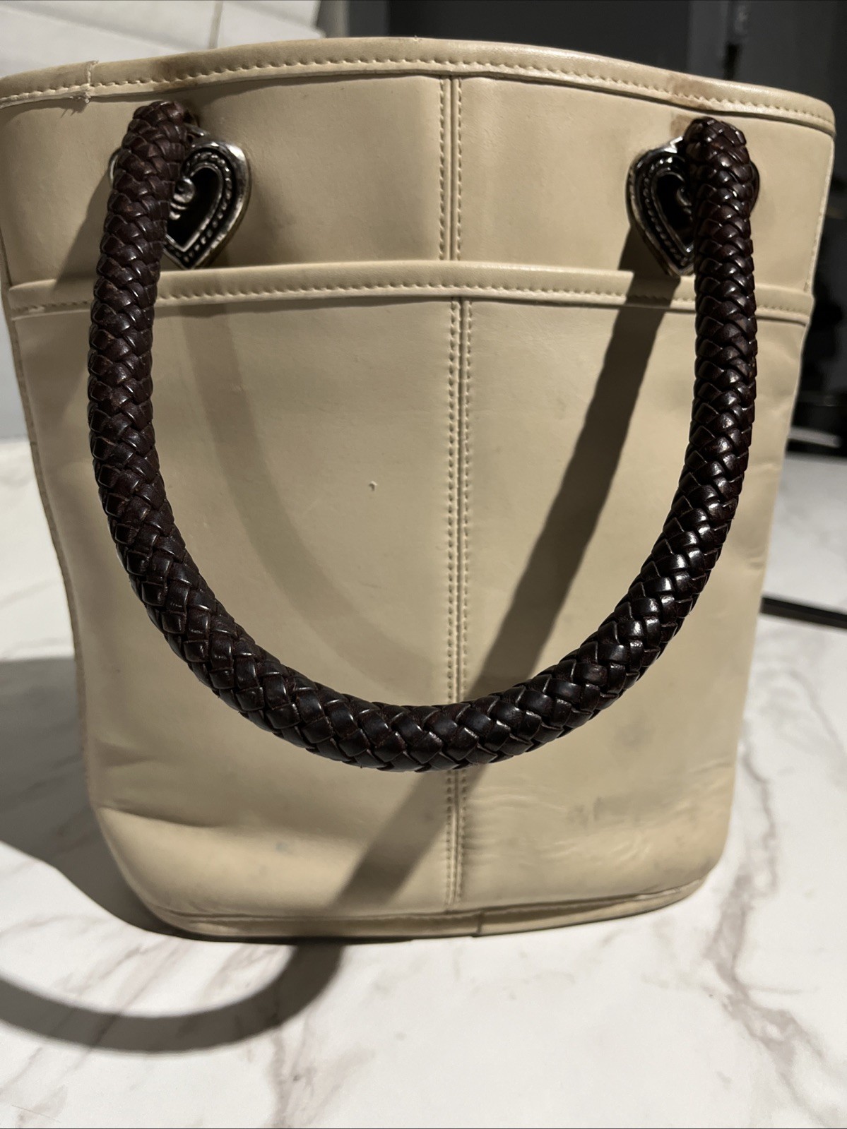 Brighton Leather Bucket Handbag Braided Straps Tote Bag Purse Heart Accents 51