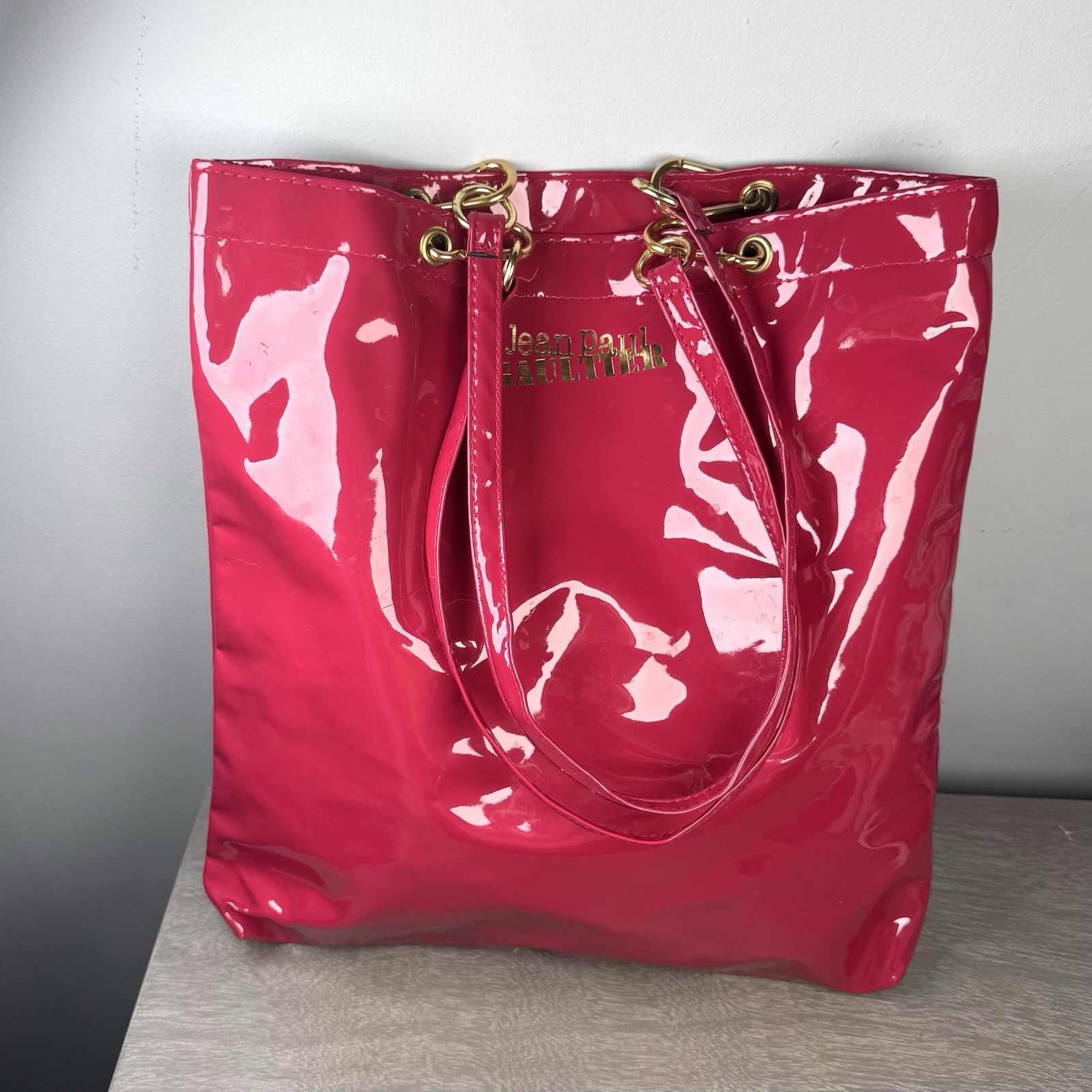 Jean Paul Gaultier Magenta Pink Shiny Tote Bag Gold Logo 15” X 14”