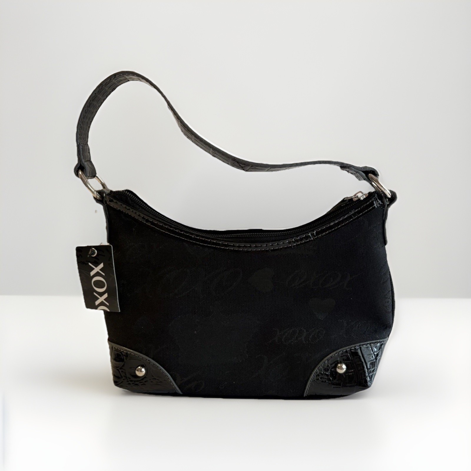 VTG XOXO Black Jacquard Purse Hearts Script Print Silver Hardware Cyber Y2K NEW