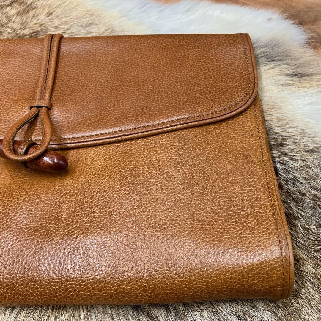 Yves Saint Laurent Brown Leather Clutch Bag Wooden Toggle Men 27.5cm Vintage