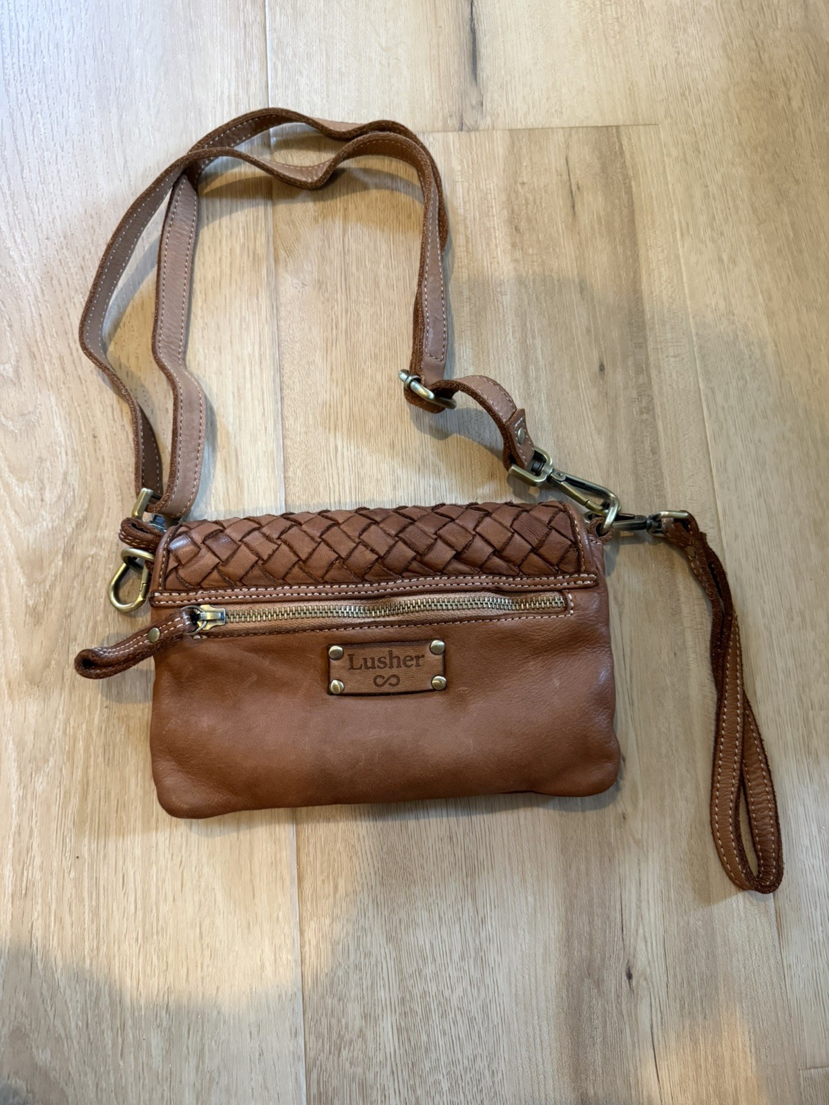 Lusher Italy Brown Woven Leather Crossbody Shoulder Bag Braided Flap Purse